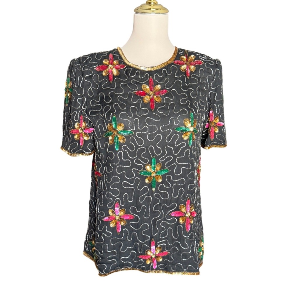 Night Vogue Vintage Black Silk Beaded Sequin Floral‎ Short Sleeve Blouse Size M